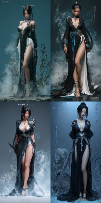 a dark - themed beauty with a cool and glamorous air from a xianxia world, captured in an ultra - high - definition, 3d ultra - realistic, full - body shot. she has a slender and graceful figure, wearing an alluring and seductive expression, with eyes half - lidded, lips slightly parted, floating in mid - air in a relaxed yet enchanting stance. she wears a long, flowing black silk robe trimmed with icy - blue and silver. it has wide sleeves, a side high - slit revealing her leg. underneath, she wears a simple, form - fitting white hezi made of delicate silk, embroidered with silver dragon patterns. small, platinum - plated armor pieces that reflect light adorn her shoulders and chest. she drapes a sheer, black cape over herself. on her wrists, there are platinum - colored bracelets. her black hair is simply coiled with an extremely long braid left hanging. the background features a simple fantasy style inspired by "shan hai jing", with some strange plants and mysterious mist. there's a dominant cool - toned color scheme, along with intense side - backlighting creating a dreamy and menacing atmosphere. an ancient black - hilted sword lies nearby, surrounded by wisps of mist. the overall image is created with a cinematic - inspired artistic technique, emphasizing depth and visual impact, rendered to present a cg - like photo effect, free from any hazy filter - like appearance.