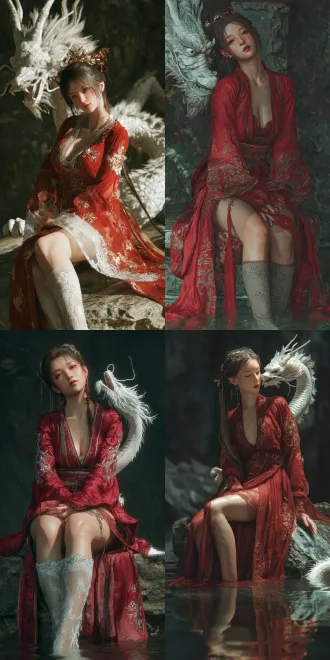 ultra - high - definition, 2.5d, wlop style, a beauty in ancient - style red dress. her flowing, light - thin silk robe features a high slit on one side, with delicate patterns embroidered along the edges. beneath it, a chest - length hezi adorned with lotus patterns is paired with a matching skirt. she dons sheer lace - trimmed stockings and embroidered cloth shoes. she has long hair styled in a low ponytail with a section of it braided into a princess braid. in the profound depths of a dim, craggy cave, a mist - enshrouded stone platform emerges from the water. the beauty sits on this platform, one hand gently propping herself up, her head tilted slightly backward in a serene pose. at that moment, a magnificent white dragon leaps out of the water, its head gracefully reaching towards the woman. their eyes meet, as if rekindling the predestined bond from their previous lives. enhanced skin and clothing material details, using dark shadows for layering, create a realistic and immersive visual effect.
