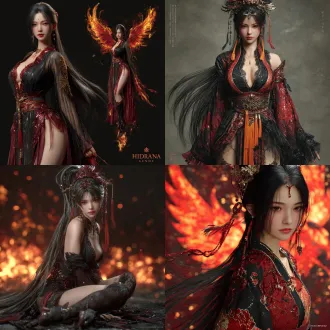 ultra - high - definition, ultra - realistic, 3d xianxia anime - style, close - up portrait of a beauty with exquisitely beautiful facial features. she is tall and well - proportioned, wearing a lazy and charming expression, with a hint of allure in her eyes. her long hair cascades down to the ground like a black silk waterfall, and several strands are lifted by the hot wind. she wears a body - hugging long dress made of organza with a red - black crystal - rippled texture. the long, pleated skirt sways gracefully, and the waist is cinched with a sash adorned with tassels. beneath the dress, she has a chest - length hezi embroidered with phoenix patterns. she also wears sheer lace - trimmed stockings and embroidered cloth shoes. in a vast fantasy realm, ancient mountains loom. the ground trembles as flames - filled clouds roil overhead, coalescing into an ancient vermilion bird from "shanhaijing". as it soars out of the clouds, feathers ablaze in bright red, orange and yellow flames, fireballs rain down, and the vermilion bird's glowing eyes fix on the beauty. flashes of intense firelight, charged with world - shattering power, illuminate the scene. enhanced skin and clothing details, with dark shadows for layering, create a realistic, immersive visual effect.