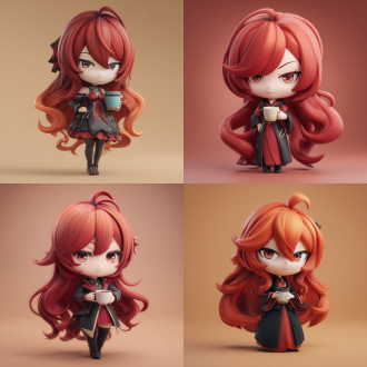 himeko from honkai: star rail, a charming and elegant mature woman with long red hair. she is wearing a black - red dress, has a confident and composed expression, and holds a coffee cup in her hand. presented as a chibi - style toy model, it features a bright clay - like texture. rendered in 3d with oc rendering, it has a holographic effect. set against a solid - color studio background, following a popular blind - box design. with 4k uhd, high detail, soft lighting, a symmetrical composition, she shows a calm smile. the overall image has dreamy colors, a cartoon texture, creating an elegant and cute atmosphere.