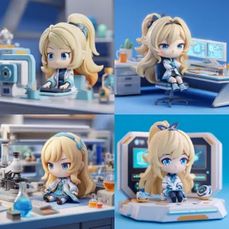 herta from honkai: star rail, a very smart girl with long blond hair and blue eyes. she is dressed in a blue - and - white scientific research uniform, sitting in front of a high - tech console, looking professional. presented as a chibi - style toy model, it features a bright clay - like texture. rendered in 3d with oc rendering, it has a holographic effect. set against a solid - color studio background, following a popular blind - box design. with 4k uhd, high detail, soft lighting, a symmetrical composition, she has a focused expression. the overall image has dreamy colors, a cartoon texture, creating a tech - savvy and intelligent atmosphere.