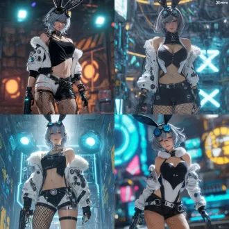 silver wolf from honkai: star rail, depicted in an ultra - high - definition, ultra - realistic style. she is a cool and rebellious girl with grayish - blue short hair and blue eyes. dressed in a black - and - white cyberpunk - style outfit, she has a rabbit - ear accessory and goggles on her head, a black hairpin, and black stud earrings. her clothing consists of a black - and - white asymmetrical spliced bodysuit, a white fur - trimmed cropped jacket adorned with circular badges and featuring a game - controller - button and line pattern on the outside, with the zipper only slightly pulled up. she wears black fingerless gloves, low - waisted fishnet shorts with side streamers, and sports boots, along with a fishnet stocking and wields a portable knife for combat. in her hand, she holds a smart gun named "prometheus", exuding an air of cool confidence. rendered in 3d with oc rendering to achieve a holographic effect. set in a dimly lit cyber - themed room filled with neon lights and high - tech equipment, the image showcases 4k uhd resolution, high - detail elements, soft lighting, and a symmetrical composition, creating an incredibly vivid and immersive visual.