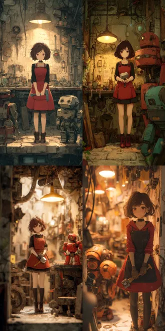 clara from honkai: star rail, depicted in an ultra - high - definition, ultra - realistic style. she is a shy and cute girl with short brown hair. dressed in a red - and - black dress with an apron, she holds a toy hammer in her hand, looking extremely innocent. set in a warm and cozy corner of a workshop filled with mechanical parts, tools hanging on the walls, and a dim, yellow - toned lamp casting a soft glow. there are half - assembled robots and piles of gears nearby. rendered in 3d with oc rendering to achieve a holographic effect. the image showcases 4k uhd resolution, high - detail elements, soft lighting, and a symmetrical composition, creating an incredibly vivid and immersive visual.