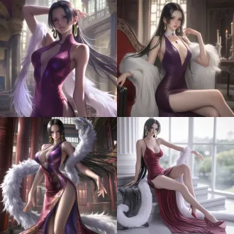 an oriental beauty, inspired by the hairstyle and attire of boa hancock from one piece, depicted in an ultra - high - definition 2.5d anime cgi, ultra - realistic style with a wlop - like aesthetic. she has long, jet - black hair that falls naturally with a lustrous sheen. wearing a form - fitting, purple - red cheongsam with a heart - shaped cut - out on the side, which clings to her body and gracefully shows her curves. over it, a long, white shawl trimmed with fur drapes over her shoulders. on her feet are high - heeled embroidered slippers. a snake - shaped jade earring dangles from one ear. she strikes a pose with her right hand on her hip, exuding an air of haughtiness. her almond - shaped, deep - brown eyes are full of charm and pride, with the slight curve of her lips and the confident tilt of her head adding to her allure. the background of the traditional chinese - style palace hall is blurred. the focus is on the overall demeanor of this beauty, highlighting her delicate skin texture. soft lighting and a well - composed layout create a realistic and immersive visual effect.