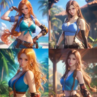 oriental beauty, face resembling tifa lockhart from final fantasy, hairstyle and attire inspired by nami from one piece, ultra - high - definition anime cgi, ultra - realistic details, wlop - like aesthetic, long orange soft wavy hair with healthy luminous sheen, sleeveless bright vivid blue cropped top, low - cut neckline, midriff - tied design (reveals toned abdomen), high - waisted short denim skirt with flared hem, multiple golden - brown belts and buckles (adorned on skirt), brown knee - high heeled boots with lacing details, long flowing sky - blue neck scarf, brown matching fingerless gloves, golden nautical - themed drop earring (single ear), confident pose (one hand on hip), exuding charm and sass, almond - shaped deep brown eyes (full of spirit), blurred background (faint palm tree silhouettes + hazy blue sea tint), soft warm lighting, delicate skin texture, cinematic composition, immersive visual effect, 8k resolution, photorealistic rendering.