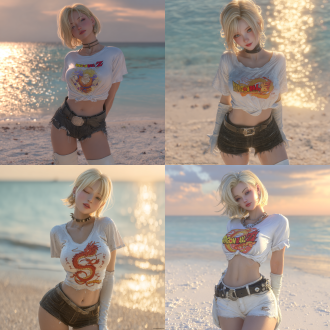 oriental beauty, face resembling tifa lockhart (final fantasy) — soft facial contours, plump lips, bright eyes with pupils rolled upwards (relaxed gaze directed skyward), head tilted back slightly to show an enjoying, comfortable expression; hairstyle & attire inspired by android 18 (dragon ball) — shoulder - length blonde hair, white low - neck cotton t - shirt (soft wrinkle texture, vibrant dragon ball logo print in red/yellow), high - waisted black denim short - shorts (distressed edge detail), black leather belt with polished silver rectangular buckle, white thigh - high boots (matte leather, subtle stitching, snug fit on thighs); dynamic relaxed pose: one hand gently resting on right thigh (fingers slightly curved, palm touching for light support), other hand casually on left hip (elbow bent, natural arm line), body leaning back subtly; outdoor beach at golden hour — calm blue sea with glistening golden ripples (light like scattered gold flakes on waves), 1 dolphin surfacing in distance (curved body, water spray around fins), soft white sand (grain texture, tiny seashells scattered), pale orange sky blending with sea on horizon; ultra - realistic anime cgi, cinematic warm lighting: late afternoon sun hitting from side, casting well - defined soft shadows (on sand/character’s body), gentle glow on hair/shoulders; ultra - realistic details: delicate skin (subtle glow, faint pores, fine peach fuzz), fabric textures (cotton’s softness, denim’s rough weave, leather’s creases); 8k resolution, photorealistic rendering, cinematic composition (slight low - angle shot, wide frame for beach/sea), immersive visual effect, vivid saturated colors, sharp focus on character + soft bokeh on distant sea.