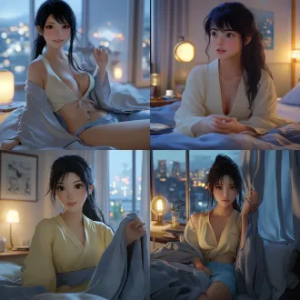 3d ultra-realistic cg animation style, oriental beauty inspired by kurenai (naruto) — gentle teacher persona, getting ready for bed in a modern bedroom, outfit: light-yellow loose cotton pajama top (wrinkled cuffs), blue sleep shorts, loose gray silk robe (worn over pajamas), pose: right hand gently pulling back bed sheet (fingers slightly curved, light force), eyes tired yet peaceful (droopy lids, faint soft smile), hair: long hair in loose low ponytail, stray hairs framing cheeks, side-swept bangs, setting: modern bedroom — white walls with a modern art print, big comfy bed (plush comforter), modern bedside table (with soft warm lamp, e-reader, a glass of water), outside window: twinkling night city lights, details: soft night lighting, high-def skin (subtle glow, faint pores), fabric textures (soft cotton, smooth silk), technical: 8k resolution, high-quality rendering, balanced warm colors, cozy bedtime atmosphere