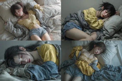 3d ultra-realistic cg animation style, oriental beauty inspired by kurenai (naruto) — gentle persona, sleeping in a carefree, unguarded way in a modern bedroom. light-yellow loose cotton pajama top (wrinkled cuffs, one shoulder slightly slipped down, fabric crumpled), blue sleep shorts (one leg slightly bent, fabric shifted), loose gray silk robe (tumbled to the foot of the bed, messy). lying on back on big comfy bed, legs placed naturally at a relaxed shoulder-width distance (not stiff, slightly apart), one arm thrown loosely over forehead, the other hanging off the bed edge, head tilted slightly to one side — a faint trail of drool (clear, subtle) trickling from the corner of her mouth to the pillow, face relaxed (eyes fully closed, brows soft, no stiff expression). long hair in loose low ponytail (half-tousled, strands escaping and sticking to cheeks/neck, bangs messy over forehead.