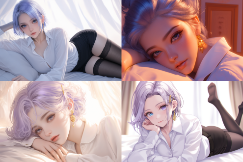 一位东方美女模特，银紫色头发盘成发髻，发髻上点缀着金色发簪，身着白色系扣衬衫和光滑的黑色丝袜。她躺在一张床上，柔和的灯光照亮着她。她面部细节丰富，戴着优雅的金色耳环，皮肤质感细腻。整个场景呈现出动漫计算机生成图像（cgi）艺术风格，细节丰富，环境光柔和。