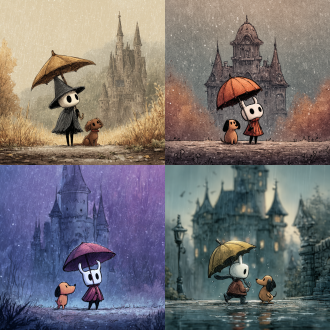 a whimsical full - color cartoon scene depicting the protagonist of hollow knight: silksong holding an umbrella in the rain, walking alongside a brown dog, with the bamburg castle in the background. the scene features simple expressive lines, a sparse and blurred photo background, creating an introspective and gentle atmosphere. the colors are vivid and flat, blending the cute styles of charles schulz and michael leunig