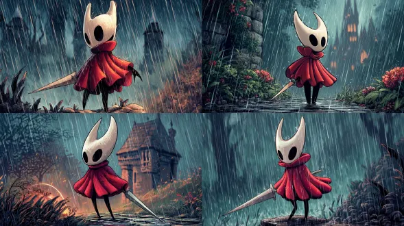 a whimsical full - color cartoon scene from hollow knight: silksong, depicting hornet in a red dress and black stockings, holding a sword resembling a needle. she is walking in the rain beside sherma, with bamburg castle in the background. the scene showcases simple expressive lines, a sparse and blurred photo - like background, creating an introspective and gentle atmosphere. the colors are vivid and flat, merging the cute styles of charles schulz and michael leunig.