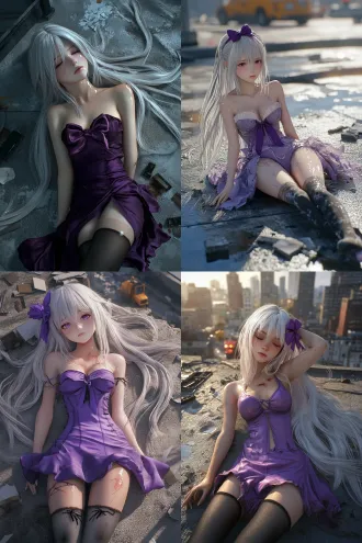 3d model, unreal engine 5 render, ultra - realistic anime - style beauty, long white hair (silky texture, subtle strands, adorned with a purple satin bow), wearing a lightweight glossy purple dress (flowing fabric, delicate sheen, faint transparency, battle - worn with small tears), black thigh - high stockings (smooth texture, slight sheen, minor runs), lying on her back on a rooftop during daytime after a battle, gentle morning breeze moving her hair and dress, a single teardrop rolling down her cheek, sorrowful expression (eyes glistening with sunlight reflection, soft frown), setting: city rooftop in post - battle state — concrete surface with large cracks, debris scattered around (broken weapons, destroyed item fragments, faint dust floating), distant buildings half - destroyed (visible rebar, crumbling walls), emergency response vehicles with flashing lights below, residual smoke drifting in thin gray plumes, daytime sky: partly cloudy with soft sunlight breaking through, faint orange haze from battle aftermath, details: high - quality textures, realistic skin (subtle pores, sunlit glow, teardrop catching light), fabric shine with sun reflection, hair highlights from daylight, lighting: cinematic daytime lighting (soft directional sunlight from left, creating long shadows, warm golden hue), subtle lens flare, technical: 8k resolution, photorealistic rendering, shallow depth of field, sharp focus on her face, soft background bokeh, emotional sad mood with contrast of bright daylight and battle scars.