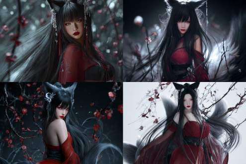 2d anime cgi, dark style, cover design, 8k ultra - high definition,a stunning oriental thousand - year fox spirit. she has long, lustrous, jet - black hair as smooth as ink, casually spread over her shoulders, with several strands playfully falling on both sides of her cheeks, adding a bit more charm. she is wearing a long, sheer scarlet dress. the skirt sways gently in the wind, faintly outlining her graceful figure.adorned with delicate silver hairpins and a silver crescent hairpin, her hair also has a faint cold - toned glow around it. the dress has a slightly tattered look. a black high - waisted corset - style belt cinches her waist, highlighting her slender figure.she has fiery, moist red lips, and her glowing slit - pupil eyes seem to cut through the darkness. soft, tufted fox ears give off a faint icy glow. a sleek, subtle fox tail with smooth fur, outlined by shadow, adds an air of mystery. her fair skin has faint crimson veins, hinting at her inhuman nature.in the background, black twigs with withered peach blossoms are enshrouded in wispy, eerie mist. the mist fills the entire scene, creating a foreboding atmosphere.shown in a three - quarter view, she stares directly, her gaze both alluring and terrifying. a low - angle close - up head shot accentuates her beauty and the underlying horror.dim light with cool, subtle highlights emphasizes the texture of her skin and lips. the muted cool color palette, with red lips as an accent, heightens the sense of unease.
