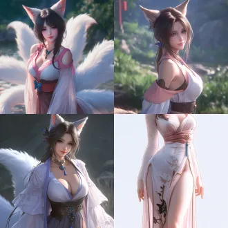 2.5d anime style, semi - realistic,extreme low - angle (camera tilted slightly upward, heightening oppressive feeling + intimate tension),8k ultra - high definition. a stunning oriental thousand - year fox spirit inspired by ada wong from resident evil 4 remake. head tilted slightly upward, chin lifted gently, one hand placed casually on the hip, with an alluring half - smile. she has an hourglass figure and wears an ancient long dancing gauze skirt in milky - white color. the skirt is adorned with black embroidery, giving a sense of lightness. the light shining on the character makes the skin beneath the clothes on chest fairly clearly visible through the sheer, lightweight gauze. a high - shaping pink belt with a butterfly knot cinches her waist, further accentuating her hourglass figure. the skirt features a slightly tattered hem, sways gently in the wind, clings to the hips to highlight her curves, and the sheer fabric outlines her body. she has jet - black hair tied into a long ponytail and wears a blue crescent hairpin. she also has furry fox ears and a furry fox tail. slit - pupil eyes looking down. pale translucent skin. in the grassland after a heavy rain, the light is bright with back - lit shadows. the wet grass glistens, and puddles reflect the sky. the light creates a strong contrast on the character, enhancing the sense of mystery. with ultra - high details, obvious physics effects, and excellent skin texture.