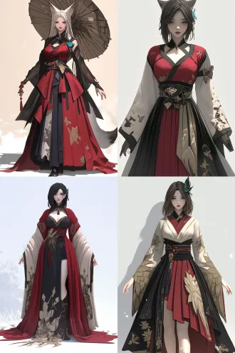 2.5d anime cg style, low - angle (camera tilted slightly upward, heightening oppressive feeling + intimate tension), 8k ultra - high definition, semi - realistic. a stunning oriental thousand - year fox spirit inspired by ada wong from resident evil 4 remake. head tilted slightly upward, chin lifted gently, one hand placed casually on the hip, with an alluring half - smile. she has an hourglass figure and wears an exquisite, lightweight ancient long gauze skirt in off - red color. the skirt is adorned with black patterns and delicate embroidery, which gives a sense of lightness. he sheer, lightweight gauze subtly reveals the skin. a pink belt with a butterfly knot cinches her waist, further accentuating her hourglass figure. along with a kezi (a type of traditional chinese undergarment) as thin as a cicada's wing. the hem sways gently in the wind, clings to the hips to highlight her curves.the sheer fabric of the skirt makes the skin fairly clearly visible through it. she has jet - black long hair and wears a blue crescent hairpin. she also has furry fox ears and a furry fox tail. in the rain - soaked grassland, where the air is hot and humid, white fluffy clouds drift overhead. the light focuses on the character, creating a strong contrast of light and shadow, enhancing the sense of mystery. with ultra - high details, obvious physics effects, and excellent skin texture.