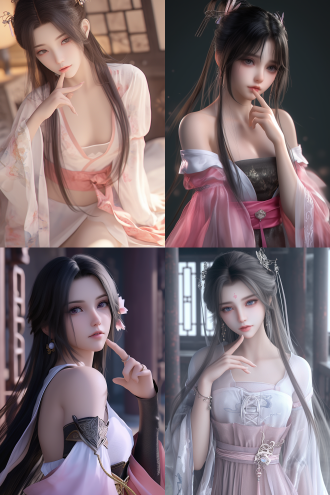 low - angle (camera tilted slightly upward, heightening oppressive feeling + intimate tension), 8k ultra - high definition, semi - realistic. a stunning oriental beauty with beautiful eyes. one hand is crooking a finger towards the camera, full of provocation. head tilted slightly upward, chin lifted gently, with a sneering look of disdain on her face. she has an hourglass figure and wears an exquisite, lightweight ancient long gauze skirt in off - white color. the skirt is adorned with black patterns and delicate embroidery, which gives a sense of lightness. the sheer, lightweight gauze subtly reveals the skin. a pink belt with a butterfly knot cinches her waist, further accentuating her hourglass figure. along with a kezi (a type of traditional chinese undergarment) as thin as a cicada's wing. she has jet - black long hair and wears an exquisite hair accessory. in a room in the style of china's tang dynasty, there are light - colored wooden columns, pastel - colored silk curtains, an elegant and primitive - looking bed, and various classic furniture. soft, warm - toned light fills the room, creating a cozy and pleasant atmosphere. the light focuses on the character, creating a strong contrast of light and shadow, enhancing the sense of mystery. with ultra - high details, obvious physics effects, and excellent skin texture.