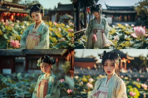 semi-realistic texture, low-angle shot (slightly upward tilt of the camera to enhance a sense of oppression), 8k ultra-high-definition resolution, a stunning eastern beauty with captivating eyes — her head slightly raised, chin slightly lifted, lazy posture full of allure, hourglass figure, dressed in a beautiful light-colored gauze traditional chinese costume: pale cyan outer robe (slightly translucent texture, adorned with delicate black patterned embroidery, light and elegant) + ivory pleated skirt (with side slit) + long blush-pink bow belt (tightening the waist to accentuate the curves) + sheer champagne-colored inner garment, sheer fabrics (robe + inner garment): soft light highlights a subtle sense of transparency, jet-black hair complemented by exquisite jade hair accessories, fair translucent skin (with a fine texture that stands out), background: a chinese courtyard (lotus flowers in full bloom in the pond, a pavilion with upturned eaves visible in the distance, and a deep sense of space in the distance), lighting: the light focuses on the character, with a strong contrast between light and shadow (enhancing a sense of three-dimensionality), ultra-high-definition details, clear physical effects. working hours can not be accessed