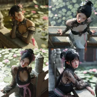 super - realistic anime cgi, low-angle shot (slightly upward tilt, enhancing oppression), 8k ultra-high definition, a stunning eastern woman with exquisite ancient-style makeup — captivating eyes, fair translucent skin (fine, standout texture), head slightly raised, chin gently lifted, lazy posture full of allure (one hand casually resting on the stone railing beside her, fingers brushing the edge of her skirt lightly; body slightly leaning, showing relaxed laziness), elegant updo with jet-black long hair, adorned with flower hair accessories, hourglass figure, wearing a gown blending traditional elements with modern design: sheer long dress with black lace patterns (light, translucent fabric, creating hazy texture, with side slit) + high neckline (paired with gorgeous neck ornament, delicate lace, hollow-out details on shoulders/sleeves) + pink silk ribbon around waist (creates sharp color contrast, cinches waist, adds softness), subtly sultry tailoring of the dress (blends with classic style, highlighting elegant curves), sheer fabric: soft light highlights subtle transparency, background: chinese courtyard (lotus flowers blooming in the pond, quiet surrounding environment), lighting: character-focused, soft light and shadow (making the picture more natural, enhancing fabric translucency and skin texture), ultra-high details, clear physical effects.