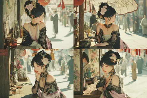 にじげん illustration style anime cgi, low - angle shot (slightly upward tilt, enhancing oppression), 8k ultra - high definition, a stunning eastern woman with exquisite ancient - style makeup — captivating eyes, fair translucent skin (fine, standout texture), sitting at a roadside wine stand in an ancient chinese style, drinking wine. she has an elegant updo with jet - black long hair, adorned with flower hair accessories. her hourglass figure is clad in a gown blending traditional elements with modern design: a sheer long dress with black lace patterns (light, translucent fabric, creating a hazy texture, with side slit) + a high neckline (paired with a gorgeous neck ornament, delicate lace, hollow - out details on shoulders/sleeves) + a pink silk ribbon around the waist (creates a sharp color contrast, cinches the waist, adds softness). the subtly sultry tailoring of the dress blends with the classic style, highlighting her elegant curves. the sheer fabric catches the soft light, highlighting its subtle transparency. in the background, an ancient chinese roadside path can be seen. lighting is character - focused, soft light and shadow make the picture more natural, enhancing the fabric's translucency and the skin texture. ultra - high details and clear physical effects are presented throughout.