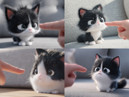 2.5d hyper-realistic anime style, 8k quality, natural indoor lighting, a cute cat (black and white soft fur, pointed ears trembling slightly, round pink nose), an adult's index finger (with subtle knuckle lines, hovering 1 cm above the cat's head, about to point at it), the cat with a wronged expression: eyes glistening with slight tears, mouth turned down, body shrinking back slightly, minimalist background (edge of a light gray sofa, soft light from the side), ultra-realistic fur details (each hair clearly visible), realistic finger skin texture, natural shadow layers, cg thick painting texture (thick and full brushstrokes, soft color transitions with rich texture).