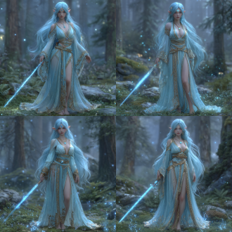 nordic fantasy style, ethereal female elf, 8k ultra-detailed, soft magical light, long flowing blue hair (silky texture, with subtle silver highlights, reaching waist), pointed ears (slightly curved, tip with tiny gold rune tattoo), delicate facial features: ice-blue eyes, fair translucent skin, faint smile, outfit: floor-length blue robe (lightweight, slightly translucent fabric, side slit up to thigh) + gold patterned trim (ancient nordic rune motifs on cuffs, neckline, and slit edge) + thin gold belt (with blue gem pendant), pose: standing gracefully, one hand gently holding a glowing blue staff, the other brushing hair, background: misty nordic forest (ancient pine trees, glowing moss, faint northern lights), lighting: cool soft light (enhances blue hair/robe, gold trim shines subtly), material: robe with dewy sheen, gold trim with metallic luster
