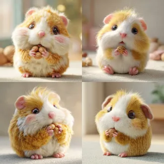 3d hyper - realistic anime cg style, a cute guinea pig eating nuts. it has a round body, fluffy fur in yellow - white intermingled colors, a pink nose, puffed cheeks, sparkling eyes. it holds the nuts with its short paws. there is soft natural light, creating a warm atmosphere. the fur details are extremely realistic, with every hair strand clearly distinguishable. the texture of the paws, the luster of the eyes, and the details of the nuts are all vividly presented, showing highly - detailed and realistic features.