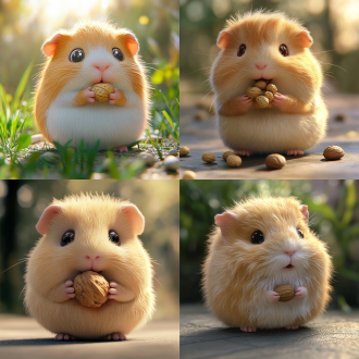 3d hyper - realistic anime cg style, a cute guinea pig eating nuts. it has a round body, fluffy fur in yellow - white intermingled colors, a pink nose, puffed cheeks, sparkling eyes. it holds the nuts with its short paws. there is soft natural light, creating a warm atmosphere. the fur details are extremely realistic, with every hair strand clearly distinguishable. the texture of the paws, the luster of the eyes, and the details of the nuts are all vividly presented, showing highly - detailed and realistic features.