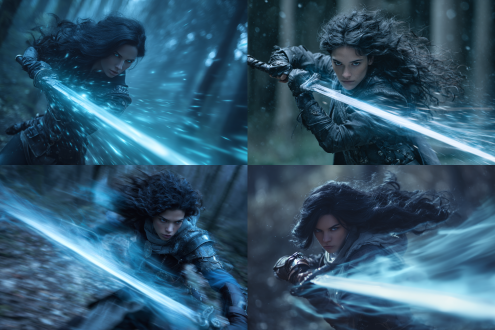 长焦镜头，夜晚的森林，浅景深（周围环境虚化），非传统构图（女战士位于画面最左侧，其余空间聚焦在长剑上），主角：冷酷又美丽的女剑客，黑色波浪长发齐腰（在风中向后飘动），锐利的杏仁眼（冷漠、专注），肌肤白皙；身着混搭服饰（布甲 + 皮甲 + 金属装饰），正高速冲锋，动作与细节：长剑拖在地上，因行动扬起风沙盘旋；长剑包裹着蓝色流动光芒，剑身有动态模糊和径向模糊效果，特效：从长剑剑身起始的不规则白色光尾，随风向后延伸，光尾末端有尖锐的平行线 —— 传达出力量感，氛围：紧张、激烈，通过动作和光影特效传递出强大的力量感