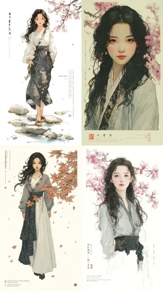 contemporary chinese traditional ink - wash painting style. in the center, an incredibly stunning eastern beauty takes the spotlight. she has porcelain - white skin with ultra - fine texture, a faint pink undertone exuding a healthy glow. her long, wavy black hair cascades loosely over her shoulders. her bright amber eyes are warm and gentle, accompanied by a delicate nose, full lips in a soft pink hue, and high cheekbones. dressed in a grey - white slit skirt, its fabric is light and flowing, with the slit subtly revealing a bit of her leg. black floral patterns on the skirt create a sharp color contrast. willow - leaf - shaped waist accessories adorn her waist, along with gold thorn embroidery that glistens with a metallic sheen. she stands gracefully, body slightly tilted, one shoulder gentlyexposed, fitting the delicate style of "wuthering waves". around her, a tranquil scene unfolds. a small stream meanders under a peach blossom tree filled with smooth blue stones. the primary - school - aged figure steps across the stepping - stones. soft pink peach blossom petals flutter down gently. gentle sunlight filters through, casting a warm glow. the painting features a large area of 留白，showcasing the texture of rice paper, embodying eastern minimalism with a delicate sense of texture and a serene atmosphere.
