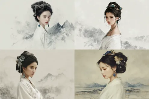 chinese fine brushwork style, classical elegant vibe, main subject: woman in traditional white off-shoulder robe (light flowing fabric, elegant), hairstyle & accessories: ancient updo with luxurious hairpieces (blue gemstones + golden decorations) + delicate blue gem earrings, background: ink wash landscape (faint distant mountains + wispy clouds), composition: classical, soft elegant aesthetic