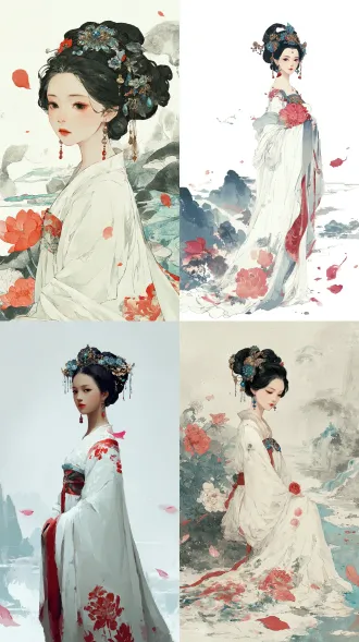 chinese fine brushwork style, classical elegant vibe, main subject: woman in traditional white off-shoulder robe (light flowing fabric, elegant, soft red floral patterns on hem) + a few red-pink petals resting on her shoulder, hairstyle & accessories: ancient updo with luxurious hairpieces (deep blue gemstones + golden decorations + red pearl accents) + delicate deep blue gem earrings, background: ink wash landscape (faint distant mountains + wispy clouds + light blue flowing stream + soft red-pink petals floating), composition: classical, soft elegant aesthetic, dynamic yet serene