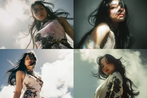 conflict-driven visuals, asymmetrical composition, low-angle upward pov shot, sunny noon: intense sunlight, two small dynamic white clouds, main subject: stunning eastern beauty (porcelain-white skin with ultra-fine texture, faint pink undertone, healthy glow) — long black hair flowing freely (flying in motion), bright gentle amber eyes, delicate nose, soft pink full lips, high cheekbones, outfit: long slit dress (light-flowing fabric, slit reveals a hint of leg, black floral patterns for sharp contrast) + willow-leaf waist accessories + gold thorn embroidery (metallic sheen), pose: full-body front-profile view, body slightly tilted, one shoulder subtlyuncovered, visual style: black-and-white pastel colors, real-virtual blend, gradient effect, slightly overexposed hazy look with light spots, film-grain texture, high-end gray tone, hierarchical light-shadow, minimalist + dream-core + surrealism, dynamic freehand vibe, sophisticated mastercrafted touch.