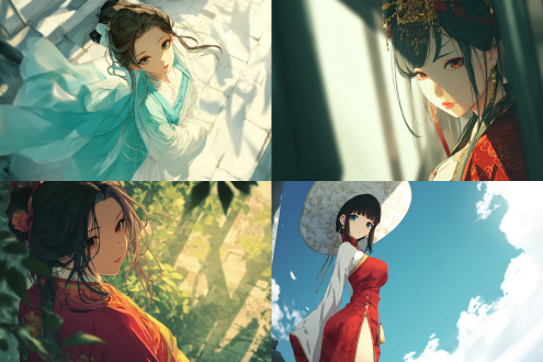 2d nijigen - style anime illustration, featuring a beauty with an hourglass figure and long legs. her bright eyes are a focal point. the character is wearing traditional ancient chinese clothing, depicted with clean, crisp lines. the wide - angle lens creates a sense of depth, capturing her from a side - back perspective. light floods the scene, casting soft shadows, enhancing the overall aesthetic. this combination results in a visually appealing and distinct anime - inspired image.