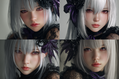 masterpiece, best quality, ultra-detailed, 8k, hyper realistic style, nier: automata art style, 1girl, silver long hair flowing softly, red eyes with a hint of melancholy, blunt bangs framing her face, a black hair accessory with subtle metallic details, a purple bow choker that contrasts with her fair skin, black lace nightgown, sheer black fabric, slender figure, black sheer tights