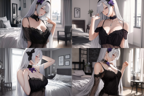 masterpiece, best quality, ultra-detailed, 8k, hyper realistic style, nier: automata art style, girl, very long silver hair flowing softly, red eyes with a hint of melancholy, blunt bangs framing her face, a black hair accessory with subtle metallic details, a purple bow choker that contrasts with her fair skin, sheer black fabric, slender figure, black sheer tights, standing in a modern bedroom with minimalist decor, soft natural light streaming through the window, casting long shadows, her hand raised slightly in a gentle gesture, realistic textures on fabric and skin, cinematic lighting that enhances the mood, depth of field making the background softly blurred, clean yet atmospheric setting.