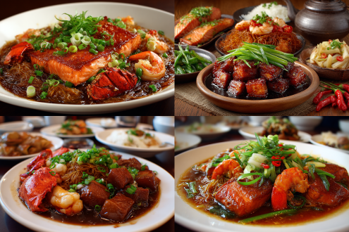 美味可口的食物，有三文鱼，红烧肉，龙虾肉，粉丝，酱汁浓郁，有葱香四溢