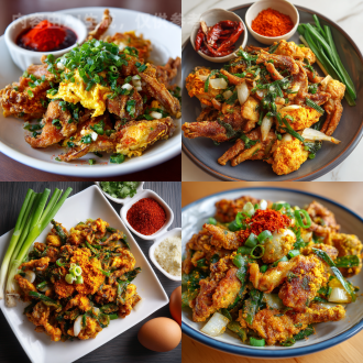 椒盐牛蛙，拌着咸蛋黄粉，洋葱，香葱。 一小垫红色佐料