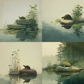 a turtle resting on a large flat stone in a quiet pond, jon klassen children's illustration, clean lines, earthy muted colors, soft shadows enhance the peaceful mood.