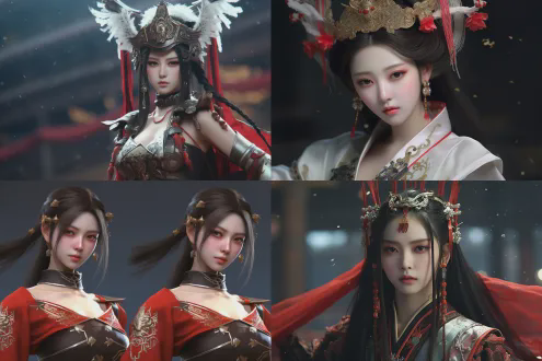 xianxia and wuxia style, masterpiece, of the best quality, ultra - detailed, in 8k resolution with a hyper - realistic style. telephoto shot with perspective view. the sexybeauty inspired by the art style of arknights. the chest has a noticeable outward two dot contour. exudes an air of grace. she has long, shapely legs, and her very long hair is supple, with coquetishly strike poses that features a slightly curved waist and one hip subtly raised to form a charming body arc. she is dressed in a delicate, lightweight long-skirt made of high - quality silk. on the upper body, she matches it with a short chinese - style silk blouse of the same series. the blouse features a stand - up collar, adorned with small, delicate buttons made of material resembling jade. the cuffs of the blouse open slightly, adding a bit of elegance. complementing her outfit is an exquisitely applied makeup, enhancing her natural glow. the fabric of her clothes and the texture of her skin are highly realistic. cinematic lighting enhances the mood, creating drama and a hot atmosphere. the depth of field softly blurs the background, high - contrast lighting accentuates details. the composition incorporates excellent physical effects and is rich in details2