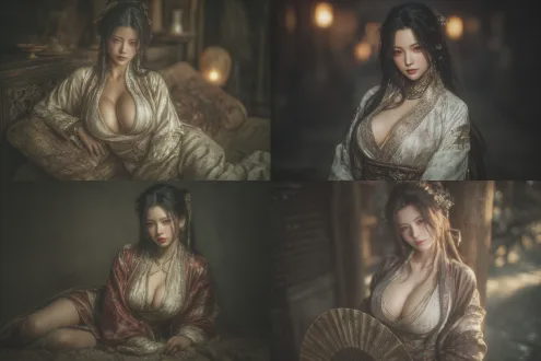 han dynasty, ultra - detailed, hyper - realistic style. shot with a telephoto lens to present a perspective view. the xianxia beauty inspired by the art style of nier:automata. the chest has a noticeable outward two dots contour. she has long, shapely legs, and her long hair flows gracefully. she strikes a coquettishly dynamic pose with a slightly curved waist and one hip subtly lifted to form a charming body arc. she is wearing a delicate and lightweight long dress made of silk. on the upper body, she pairs it with a traditional hanfu silk blouse. the cuffs of the blouse are designed in a slightly open traditional slitted style, with narrow piping trim along the edges. her exquisite makeup, the fabric of her clothes, and the texture of her skin are all highly realistic. cinematic lighting enhances the atmosphere. the depth - of - field effect softly blurs the background, and high - contrast lighting accentuates details. the composition incorporates excellent physical effects and is rich in details.