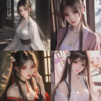 han dynasty, ultra - detailed, hyper - realistic style. shot with a telephoto lens to present a perspective view. the xianxia beauty inspired by the art style of nier:automata. the chest has a noticeable outward two dots contour. she has long, shapely legs, and her long hair flows gracefully. she strikes a coquettishly dynamic pose with a slightly curved waist and one hip subtly lifted to form a charming body arc. she is wearing a delicate and lightweight long dress made of silk. on the upper body, she pairs it with a traditional hanfu silk blouse. the cuffs of the blouse are designed in a slightly open traditional slitted style, with narrow piping trim along the edges. her exquisite makeup, the fabric of her clothes, and the texture of her skin are all highly realistic. cinematic lighting enhances the atmosphere. the depth - of - field effect softly blurs the background, and high - contrast lighting accentuates details. the composition incorporates excellent physical effects and is rich in details.
