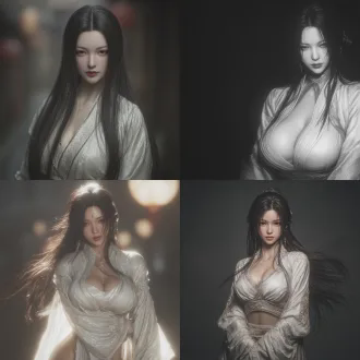 han dynasty, ultra - detailed, hyper - realistic style. shot with a telephoto lens to present a perspective view. the xianxia beauty inspired by the art style of nier:automata. the chest has a noticeable outward two dots contour. she has long, shapely legs, and her long hair flows gracefully. she strikes a coquettishly dynamic pose with a slightly curved waist and one hip subtly lifted to form a charming body arc. she is wearing a delicate and lightweight long dress made of silk. on the upper body, she pairs it with a traditional hanfu silk blouse. the cuffs of the blouse are designed in a slightly open traditional slitted style, with narrow piping trim along the edges. her exquisite makeup, the fabric of her clothes, and the texture of her skin are all highly realistic. cinematic lighting enhances the atmosphere. the depth - of - field effect softly blurs the background, and high - contrast lighting accentuates details. the composition incorporates excellent physical effects and is rich in details.