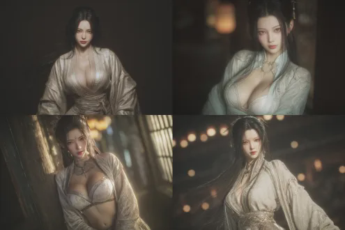 han dynasty, ultra - detailed, hyper - realistic style. shot with a telephoto lens to present a perspective view. the xianxia beauty inspired by the art style of nier:automata. the chest has a noticeable outward two dots contour. she has long, shapely legs, and her long hair flows gracefully. she strikes a coquettishly dynamic pose with a slightly curved waist and one hip subtly lifted to form a charming body arc. she is wearing a delicate and lightweight long dress made of silk. on the upper body, she pairs it with a traditional hanfu silk blouse. the cuffs of the blouse are designed in a slightly open traditional slitted style, with narrow piping trim along the edges. her exquisite makeup, the fabric of her clothes, and the texture of her skin are all highly realistic. cinematic lighting enhances the atmosphere. the depth - of - field effect softly blurs the background, and high - contrast lighting accentuates details. the composition incorporates excellent physical effects and is rich in details.