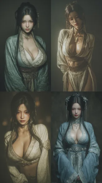 han dynasty, ultra - detailed, hyper - realistic style. shot with a telephoto lens to present a perspective view. the xianxia beauty inspired by the art style of nier:automata. the chest has a noticeable outward two dots contour. she has long, shapely legs, and her long hair flows gracefully. she strikes a coquettishly dynamic pose with a slightly curved waist and one hip subtly lifted to form a charming body arc. she is wearing a delicate and lightweight long dress made of silk. on the upper body, she pairs it with a traditional hanfu silk blouse. the cuffs of the blouse are designed in a slightly open traditional slitted style, with narrow piping trim along the edges. her exquisite makeup, the fabric of her clothes, and the texture of her skin are all highly realistic. cinematic lighting enhances the atmosphere. the depth - of - field effect softly blurs the background, and high - contrast lighting accentuates details. the composition incorporates excellent physical effects and is rich in details.