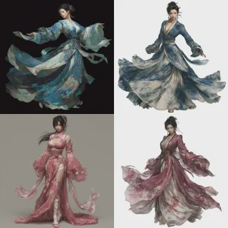 a china xianxia beauty, inspired by (dynasty warriors 9) and resembling zhen ji, she strikes a coquettishly dynamic pose. she dons an exquisite, lightweight han dynasty silk ruqun — a traditional ensemble consisting of a fitted jacket and a flowing skirt. the skirt floats gracefully, with one side of its hem extending unusually long, draping elegantly.
