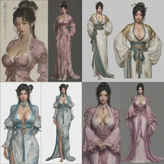 a china xianxia beauty, inspired by (dynasty warriors 9) and resembling zhen ji, the chest has a noticeable outward two dots contour. she strikes a coquettishly dynamic pose. she is wearing a light silk long dress from ancient china, and one side of the hem was extremely long. draping elegantly.