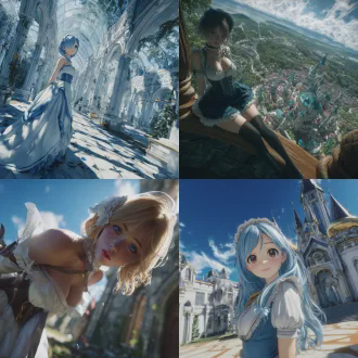 wide-angle view, game cg, a beauty resembling princess rem