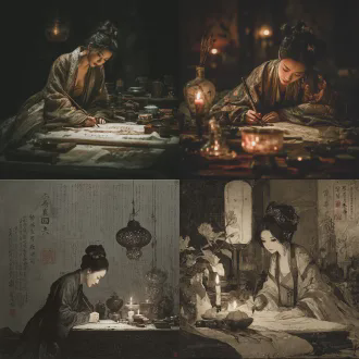 a beauty, in elegant robe writing under candlelight, ink brush and scrolls on table, chinese xianxia style, refined composition, delicate tone