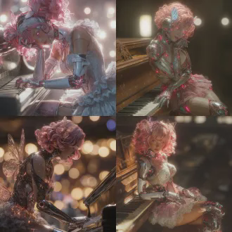 hyper-detailed 8k cg illustration, cinematic lighting, delicate japanese girl refinement mixed with sultry cool lady charm, mechanical maiden leaning lazily against a vintage mechanical piano, fingers gently pressing keys (disguised weapon buttons), lazy smile on lips, tiny glowing energy particles swirling around her, core body structure: interstellar alloy skeleton, skin is translucent glazed bionic material (glowing energy flow and precise gears clearly visible under skin), hair: voluminous pink-gold wavy curls, adorned with mechanical butterfly hair accessories (wings made of transparent energy crystals that shift color with mood), eyes: gradient pink-blue pupils, subtle circuit patterns on sclera, starburst light effects flicker when blinking, attire: backless lace-trimmed mechanical dress (multi-layer expandable metal petal skirt, glowing light-guide fibers embedded in dress gaps), limbs: semi-mechanical arms (deployable energy shield at elbows, hidden micro laser cannon at wrists), over-the-knee mechanical stockings (lace trim at top, magnetic levitation device at soles), style details: sharp clean lines, vibrant yet futuristic color palette, soft light diffusion, character-focused, blurred background to highlight subject