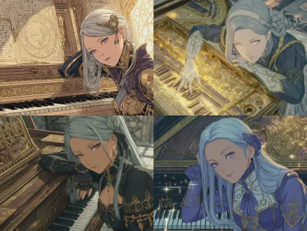 hyper - detailed 8k cg illustration in fire emblem: three houses art style. soft cel - shaded lighting, merging elegant noble knight - mage charm with delicate anime maiden refinement. a dual - identity female swordmaster & mage leans lazily against a vintage magical - mechanical piano carved with garreg mach monastery runes. her fingers brush keys (disguised rune - engraved weapon/magic triggers), wearing a lazy, confident smirk. floating holy magic particles and sword aura swirl around her. core body: magic - forged starsteel skeleton, translucent glazed bionic skin. glowing mana flow, intricate runic gears, and faintly fire - tinted veins are visible beneath. hair: sleek long straight silver, caught by holy magic glow, tied with a velvet ribbon etched with knightly crests. eyes: gradient pink - blue pupils, subtle circuit - rune patterns on sclera. starburst and sacred rune light effects flicker when blinking. eyelashes are long and curled in fe3h style. attire: backless lace - trimmed magical - mechanical dress. multi - layer expandable metal petal skirt, etched with swordsmanship runes, has glowing mana fibers in gaps and noble house emblems on the hem. limbs: semi - magical mechanical arms with deployable elemental fire shields at elbows and hidden runic micro - curse cannons at wrists. over - the - knee enchanted mechanical stockings have lace trim, magic levitation arrays in soles, and monastery motifs. gear: a katana - shaped holy magic blade at her waist. the hilt is wrapped with silk cord engraved with mage incantations, and the crossguard has a fire gem. background: blurred vintage stone monastery courtyard at dusk. warm sunset filters through stained glass, creating soft shadows. style: sharp anime lines, muted yet rich fantasy colors (silver, pink - blue, gold, deep crimson). soft light diffusion, character - focused, with fe3h's delicate facial features and noble posture.